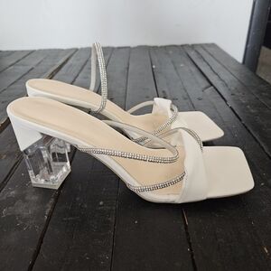 Elegant White Women's Heels with Rhinestone Straps Women's 11 Fancy Square Toe